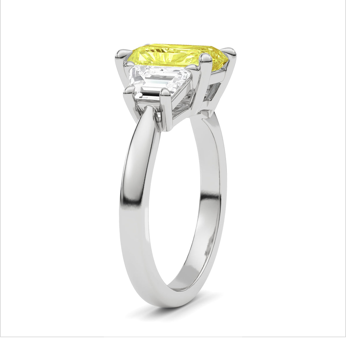 White gold Three-Stone Fancy Yellow Radiant Cut Diamond Ring with Step-Cut Side Stones