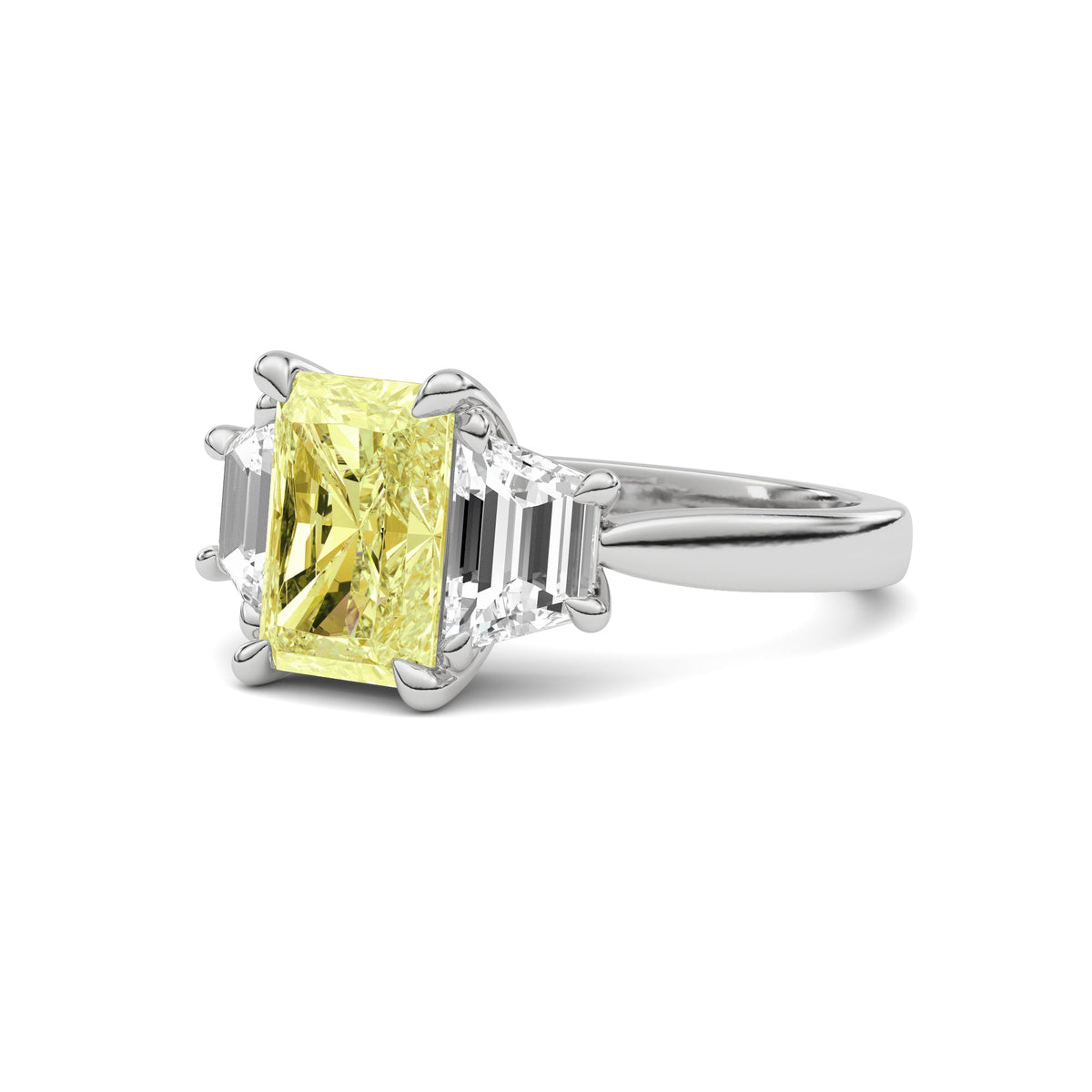 White gold Three-Stone Fancy Yellow Radiant Cut Diamond Ring with Step-Cut Side Stones