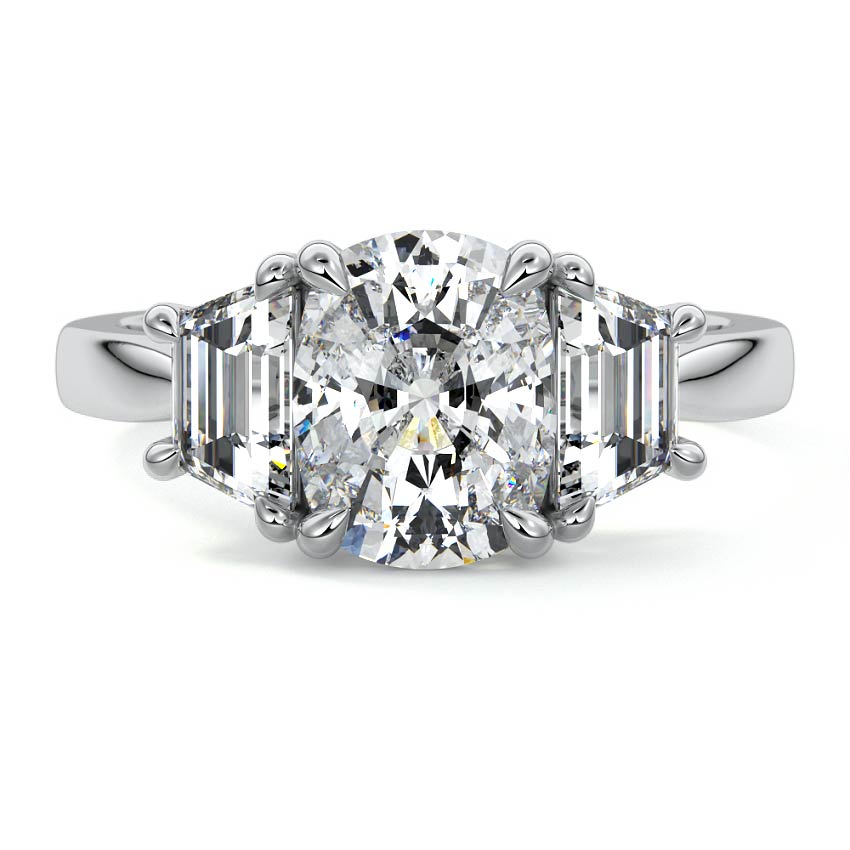 White gold Three-Stone Cushion Diamond Ring with Step-Cut Side Stones