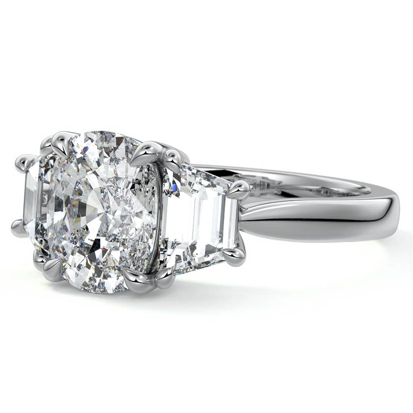 White gold Three-Stone Cushion Diamond Ring with Step-Cut Side Stones