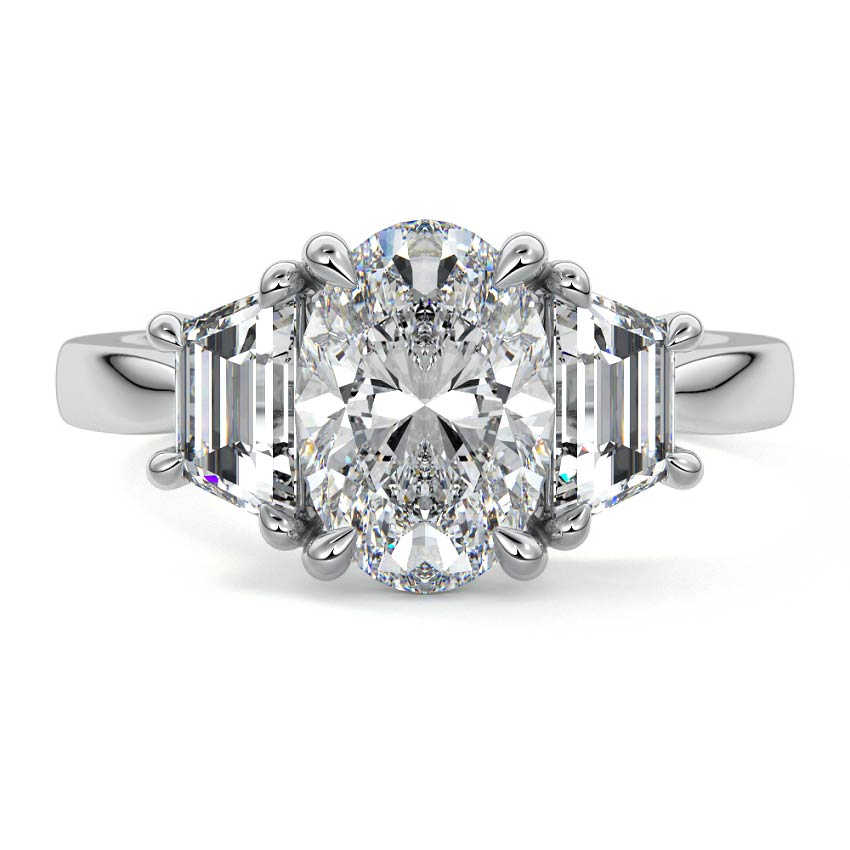 Silver Three-Stone Oval Diamond Ring with Step-Cut Side Stones