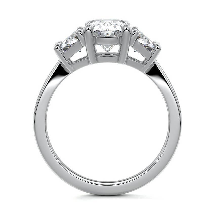 Silver Three-Stone Oval Diamond Ring with Step-Cut Side Stones