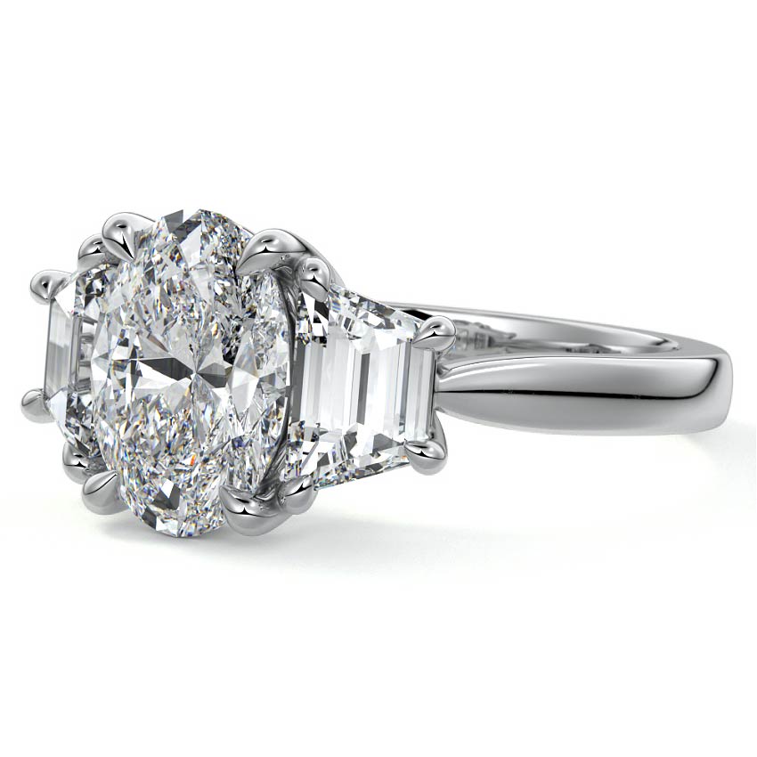 Silver Three-Stone Oval Diamond Ring with Step-Cut Side Stones
