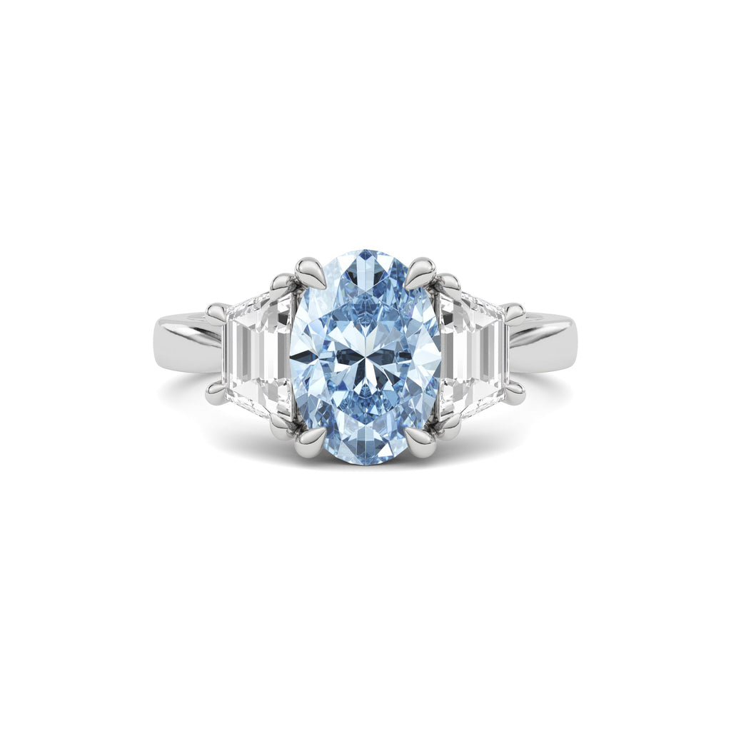 Silver Three-Stone Fancy Blue Oval Cut Diamond Ring with Step-Cut Side Stones
