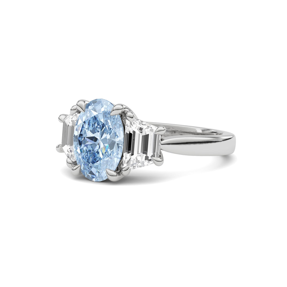 Silver Three-Stone Fancy Blue Oval Cut Diamond Ring with Step-Cut Side Stones