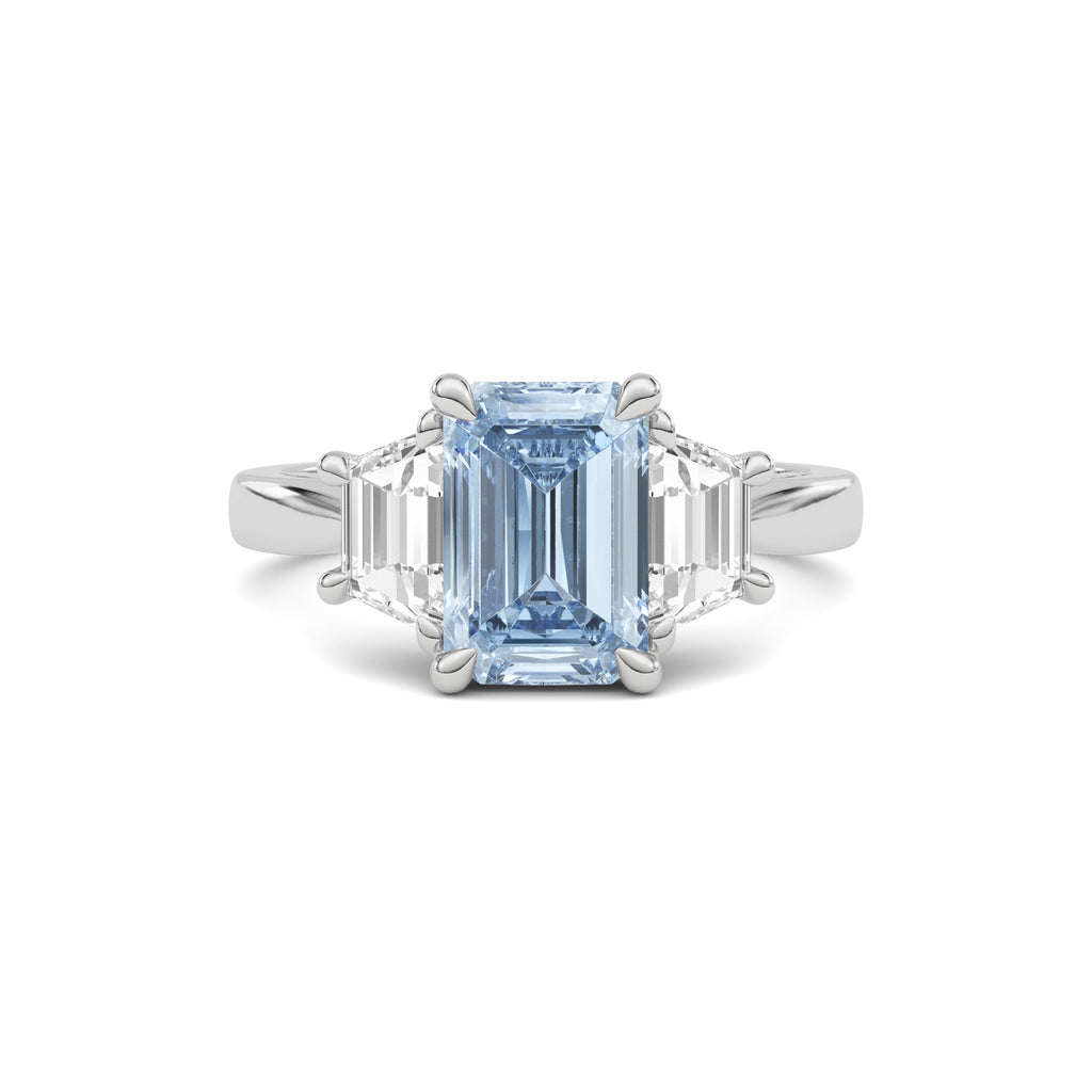 Silver Three-Stone Fancy Blue Emerald Cut Diamond Ring with Step-Cut Side Stones