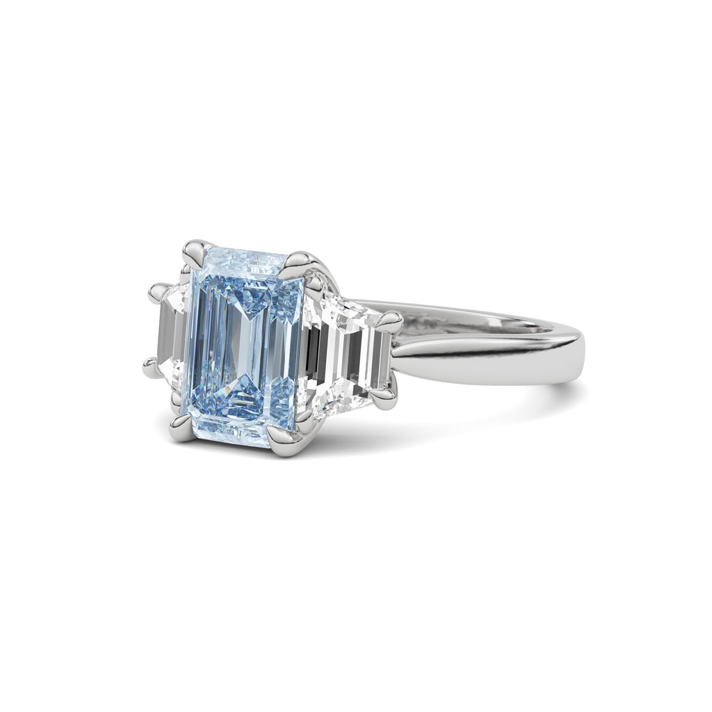 Silver Three-Stone Fancy Blue Emerald Cut Diamond Ring with Step-Cut Side Stones