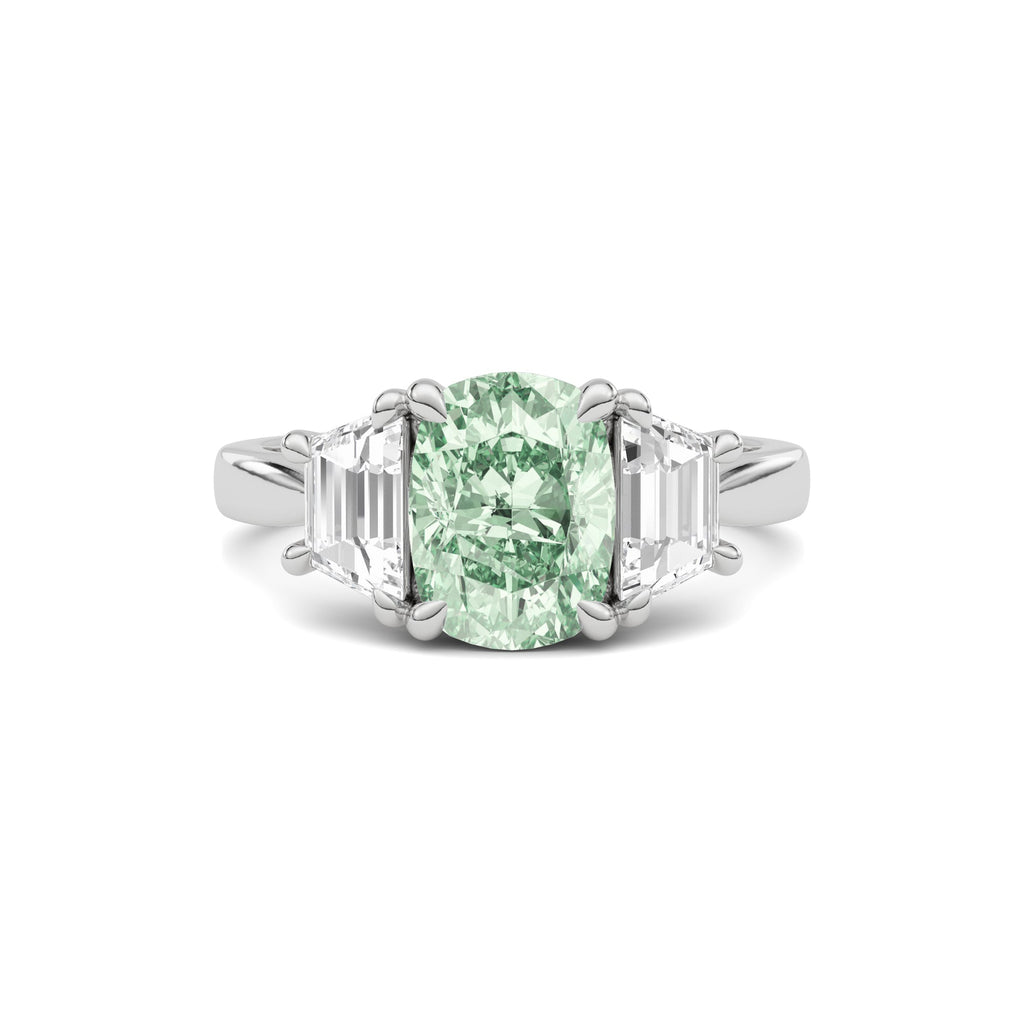 Silver Three-Stone Fancy Green Cushion Cut Diamond Ring with Step-Cut Side Stones
