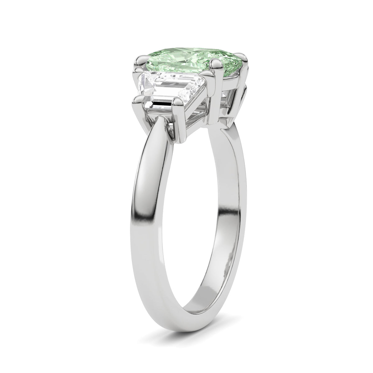 Silver Three-Stone Fancy Green Cushion Cut Diamond Ring with Step-Cut Side Stones