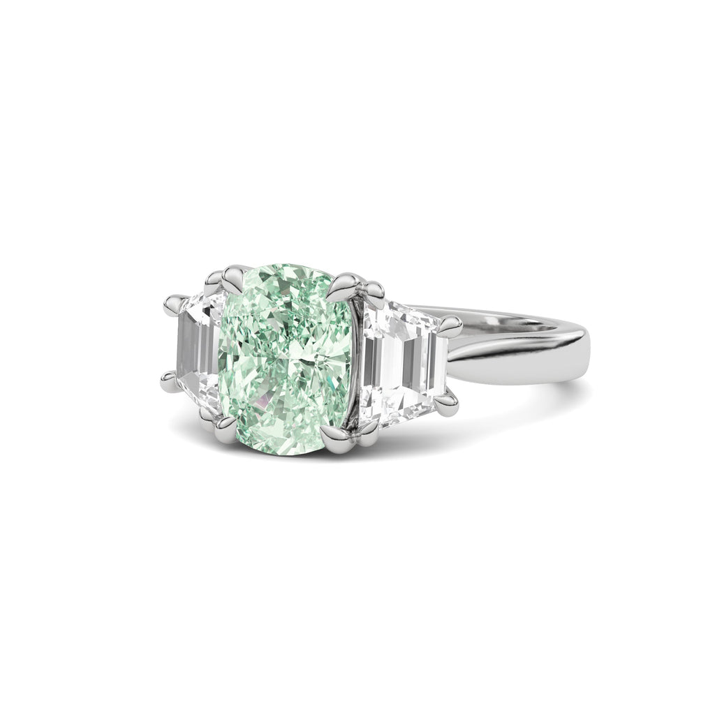 Silver Three-Stone Fancy Green Cushion Cut Diamond Ring with Step-Cut Side Stones