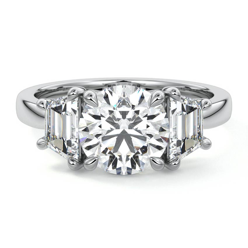 Platinum Three-Stone Round Diamond Ring with Step-Cut Side Stones