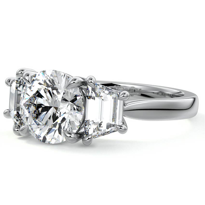 Platinum Three-Stone Round Diamond Ring with Step-Cut Side Stones