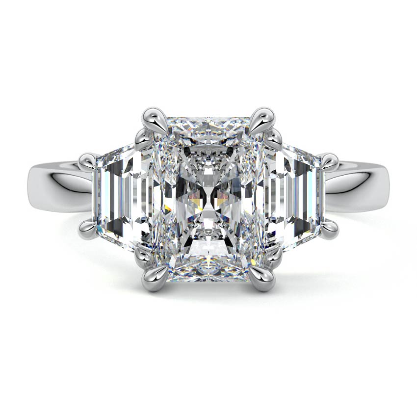 Platinum Three-Stone Radiant Diamond Ring with Step-Cut Side Stones