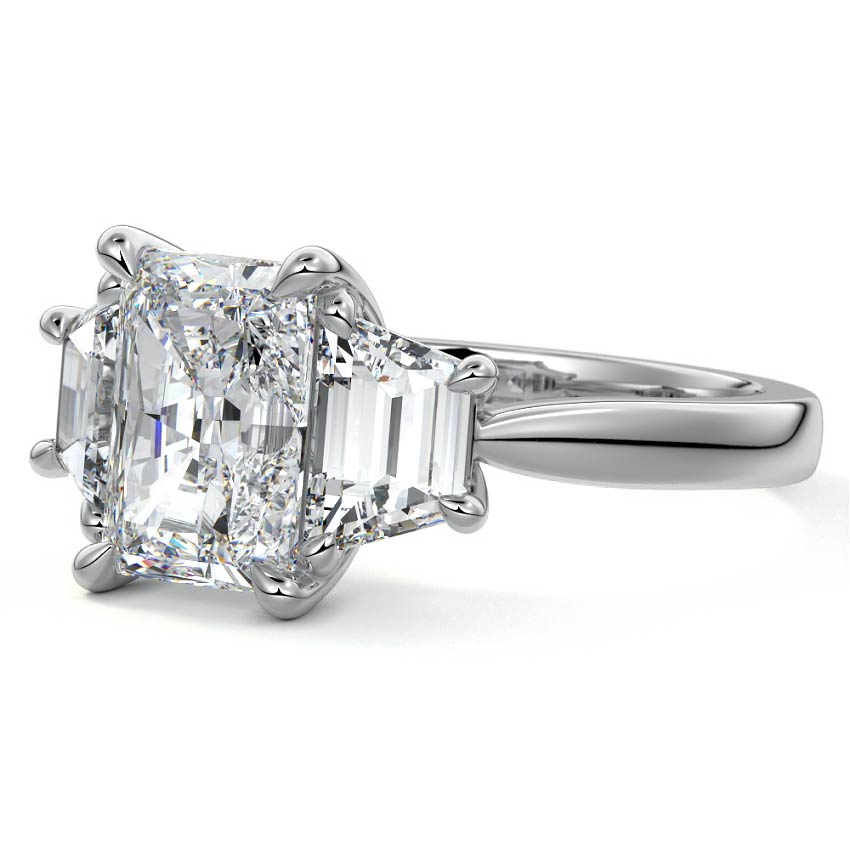 Platinum Three-Stone Radiant Diamond Ring with Step-Cut Side Stones
