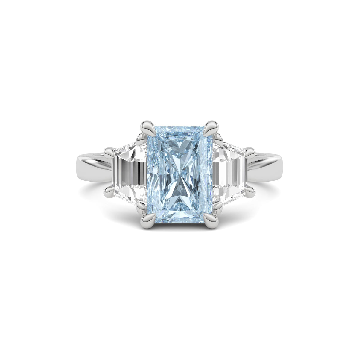 Platinum Three-Stone Fancy Blue Radiant Cut Diamond Ring with Step-Cut Side Stones