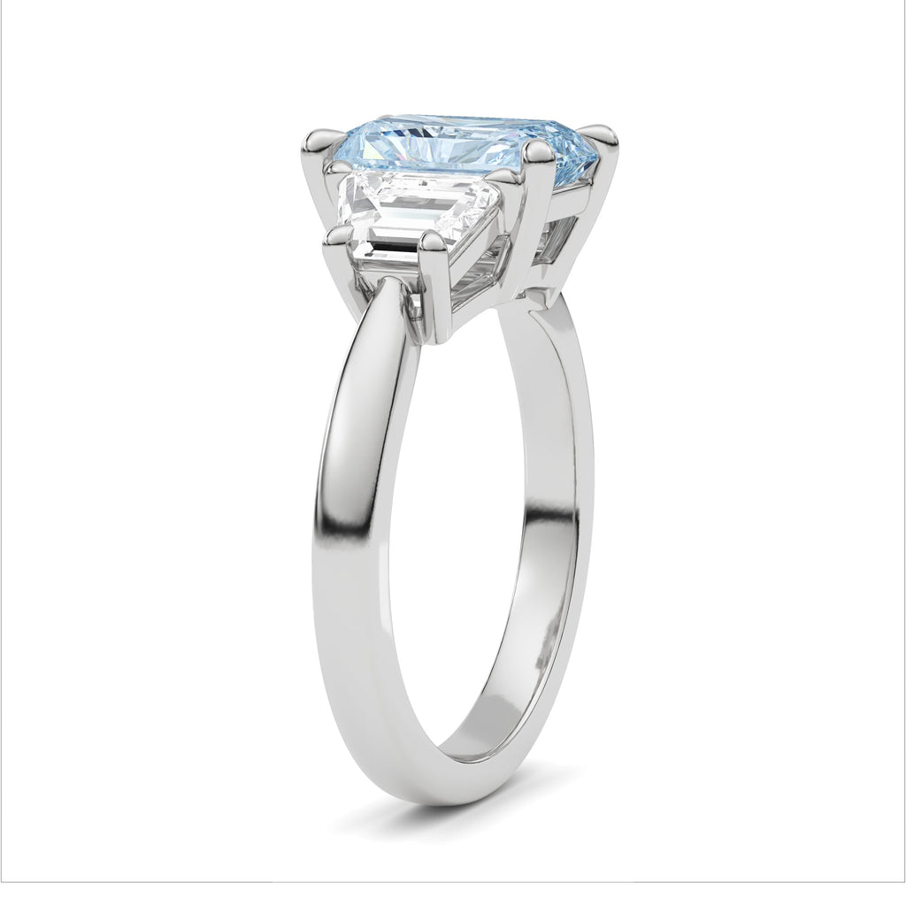 Platinum Three-Stone Fancy Blue Radiant Cut Diamond Ring with Step-Cut Side Stones