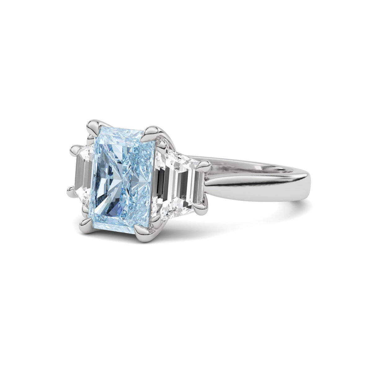 Platinum Three-Stone Fancy Blue Radiant Cut Diamond Ring with Step-Cut Side Stones