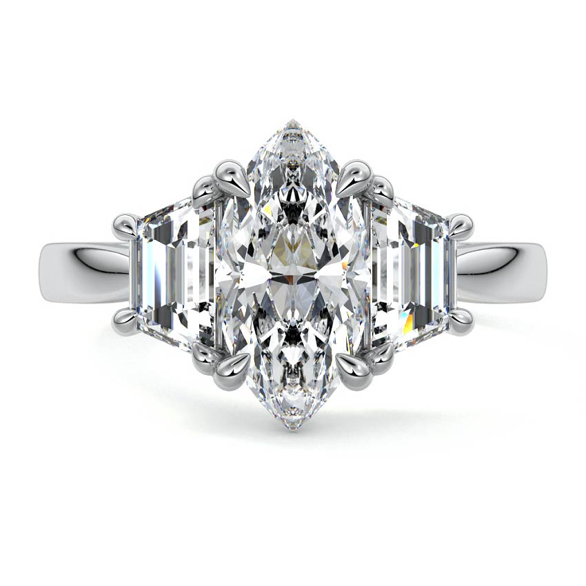 Platinum Three-Stone Marquise Diamond Ring with Step-Cut Side Stones