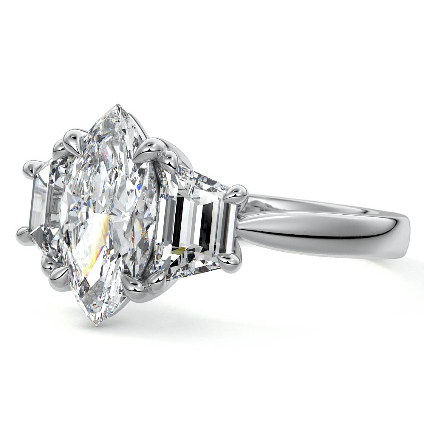 Platinum Three-Stone Marquise Diamond Ring with Step-Cut Side Stones