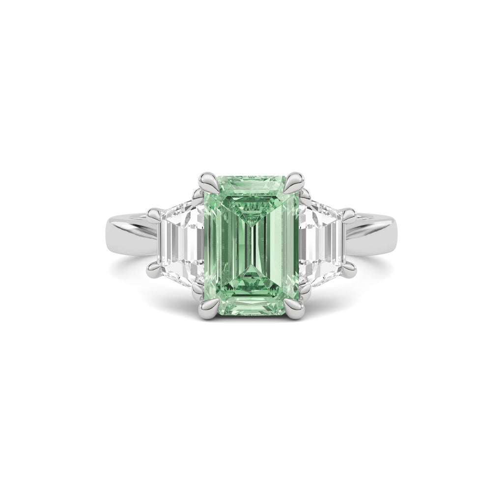 Platinum Three-Stone Fancy Green Emerald Cut Diamond Ring with Step-Cut Side Stones