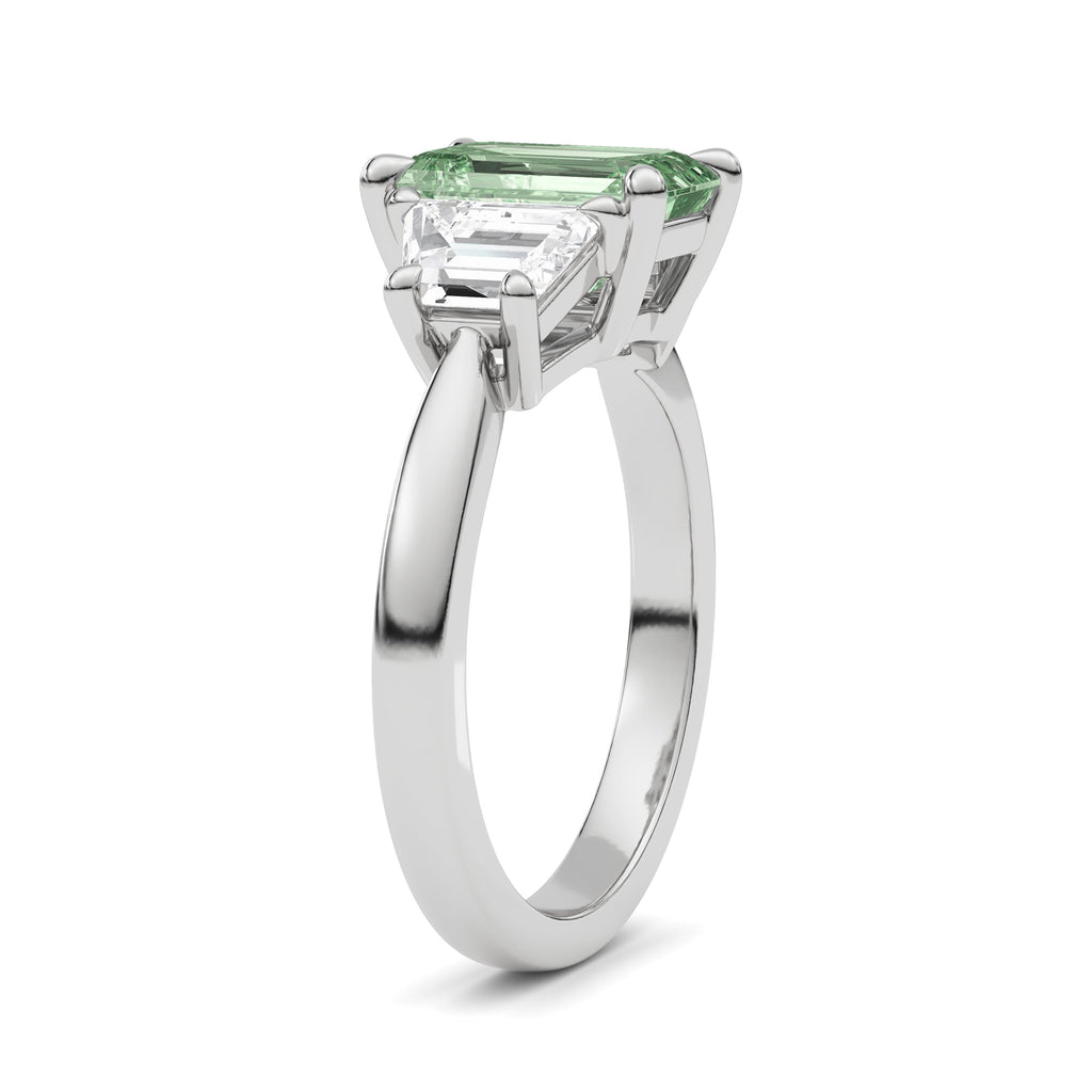 Platinum Three-Stone Fancy Green Emerald Cut Diamond Ring with Step-Cut Side Stones