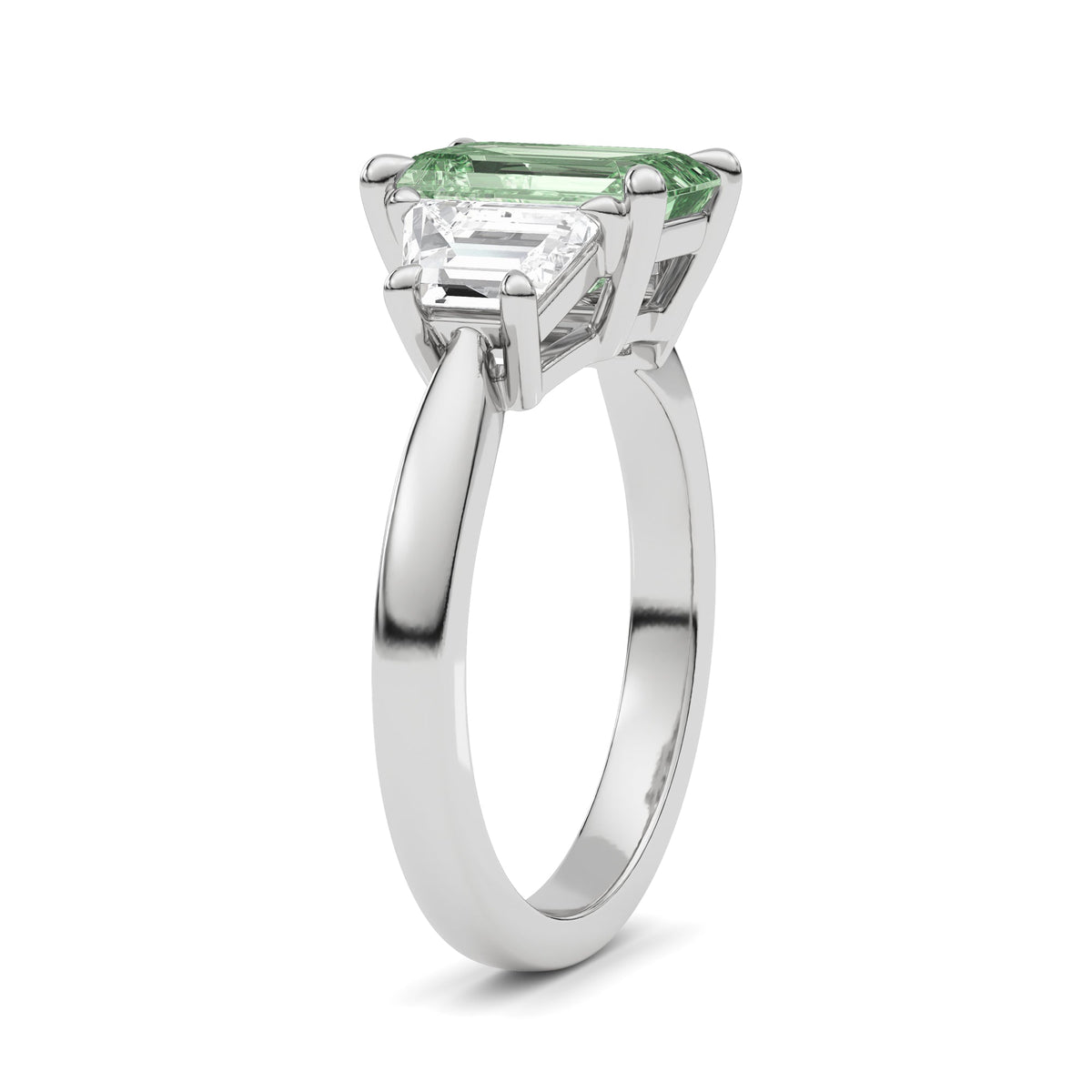 Platinum Three-Stone Fancy Green Emerald Cut Diamond Ring with Step-Cut Side Stones