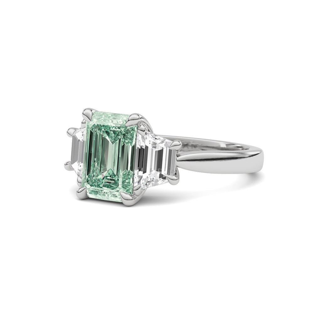 Platinum Three-Stone Fancy Green Emerald Cut Diamond Ring with Step-Cut Side Stones