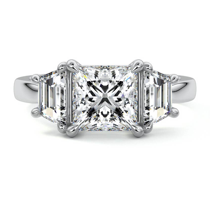 Platinum Three-Stone Princess Diamond Ring with Step-Cut Side Stones