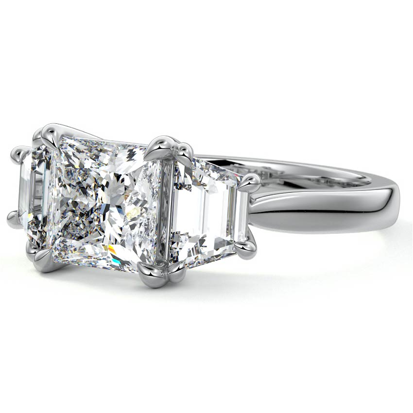 Platinum Three-Stone Princess Diamond Ring with Step-Cut Side Stones