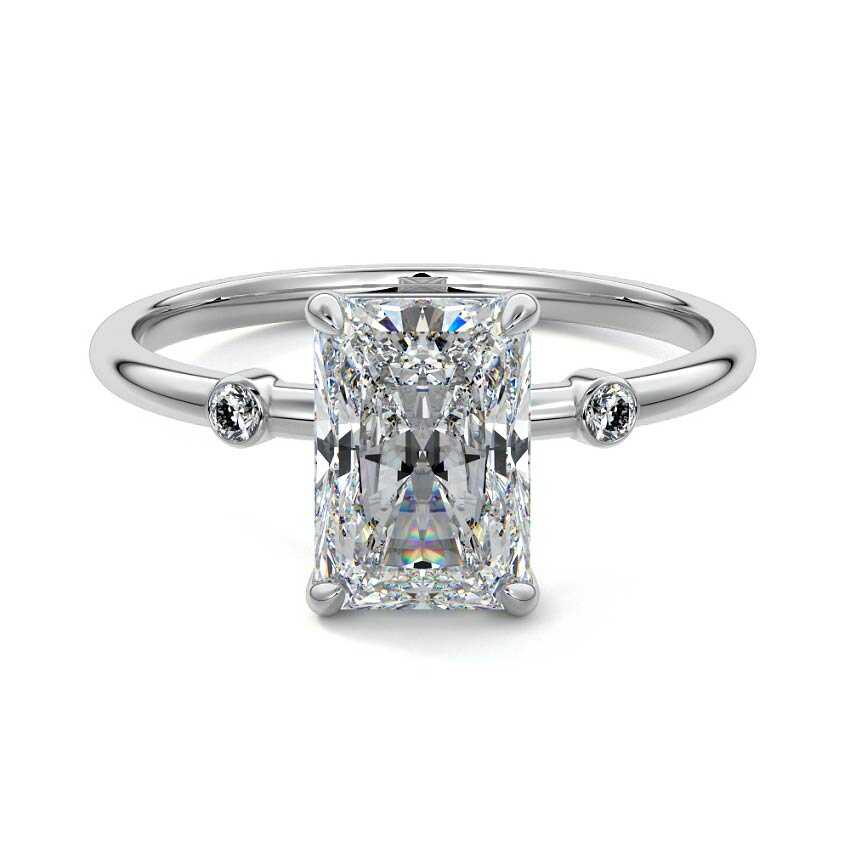 White gold Radiant Diamond Side Stone Ring with Round Accents