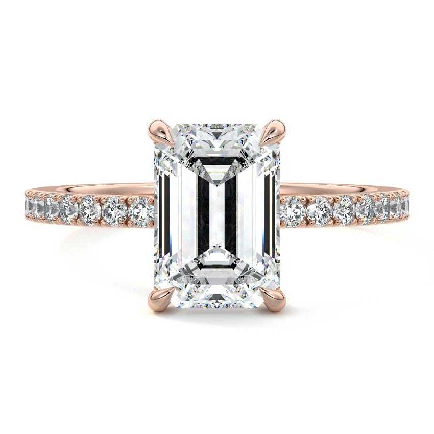 Rose gold Emerald Diamond Hidden Halo Engagement Ring with Pavé Band