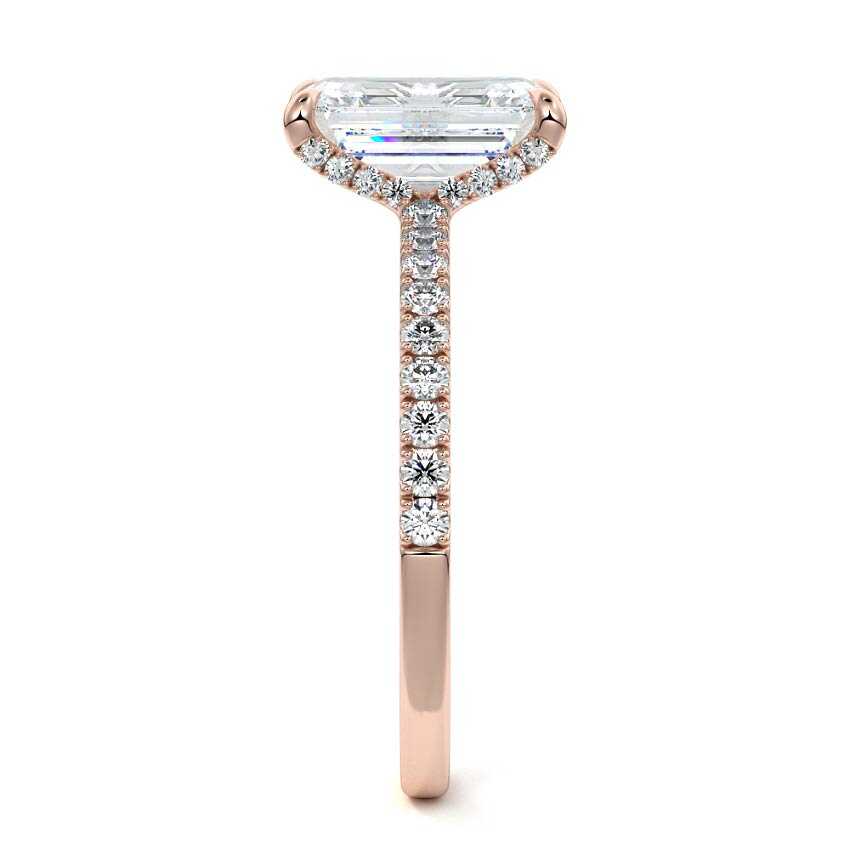 Rose gold Emerald Diamond Hidden Halo Engagement Ring with Pavé Band
