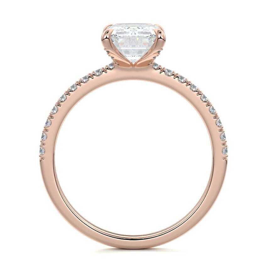 Rose gold Emerald Diamond Hidden Halo Engagement Ring with Pavé Band