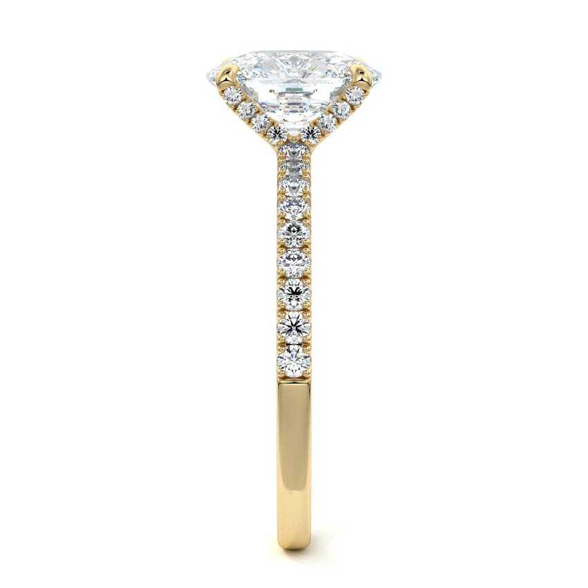 Yellow gold Cushion Diamond Hidden Halo Engagement Ring with Pavé Band