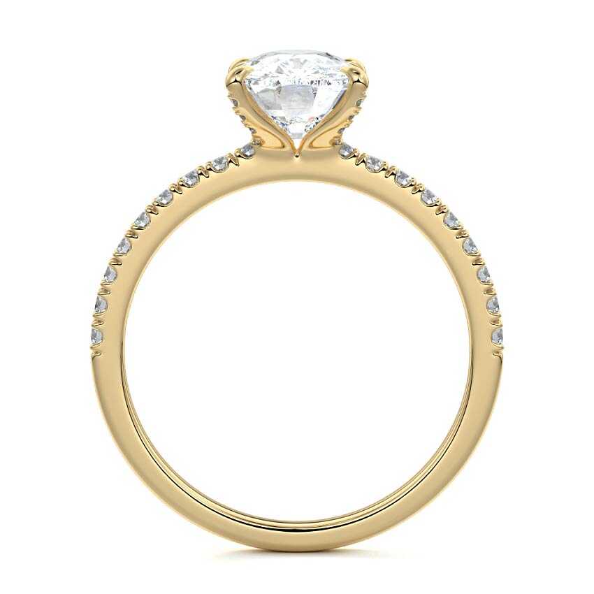 Yellow gold Cushion Diamond Hidden Halo Engagement Ring with Pavé Band