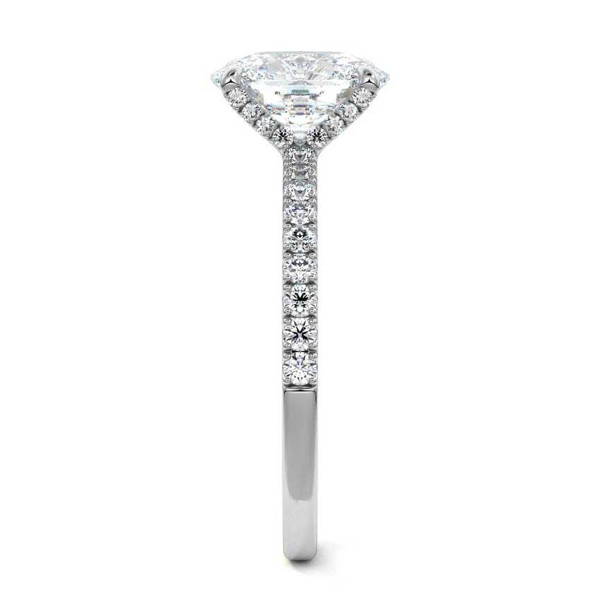 White gold Cushion Diamond Hidden Halo Engagement Ring with Pavé Band