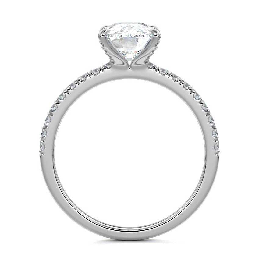 White gold Cushion Diamond Hidden Halo Engagement Ring with Pavé Band