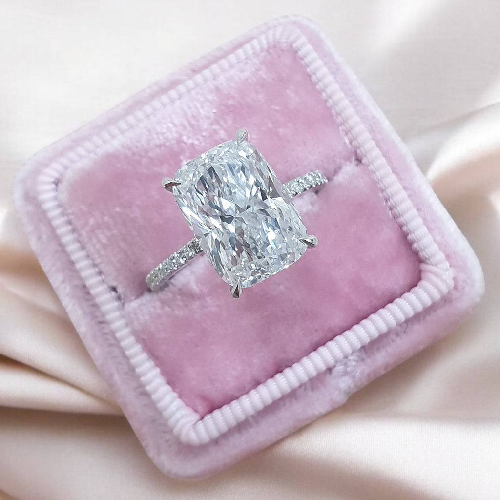 White gold Cushion Diamond Hidden Halo Engagement Ring with Pavé Band