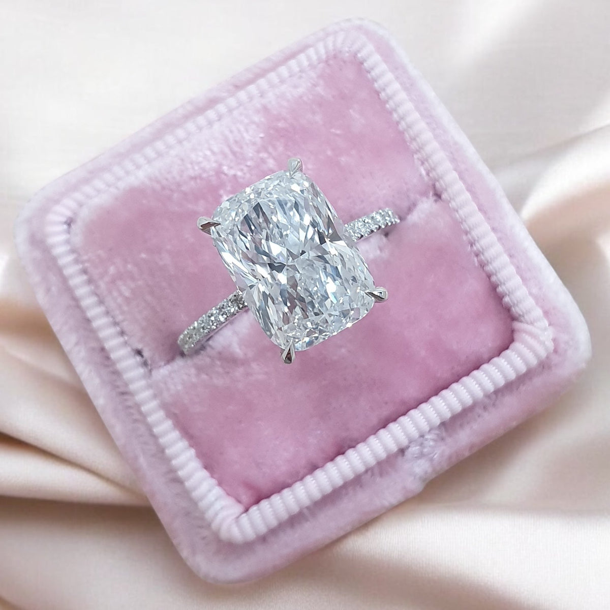 White gold Cushion Diamond Hidden Halo Engagement Ring with Pavé Band
