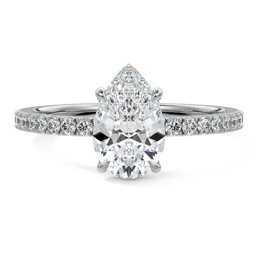 Silver Pear Diamond Hidden Halo Engagement Ring with Pavé Band