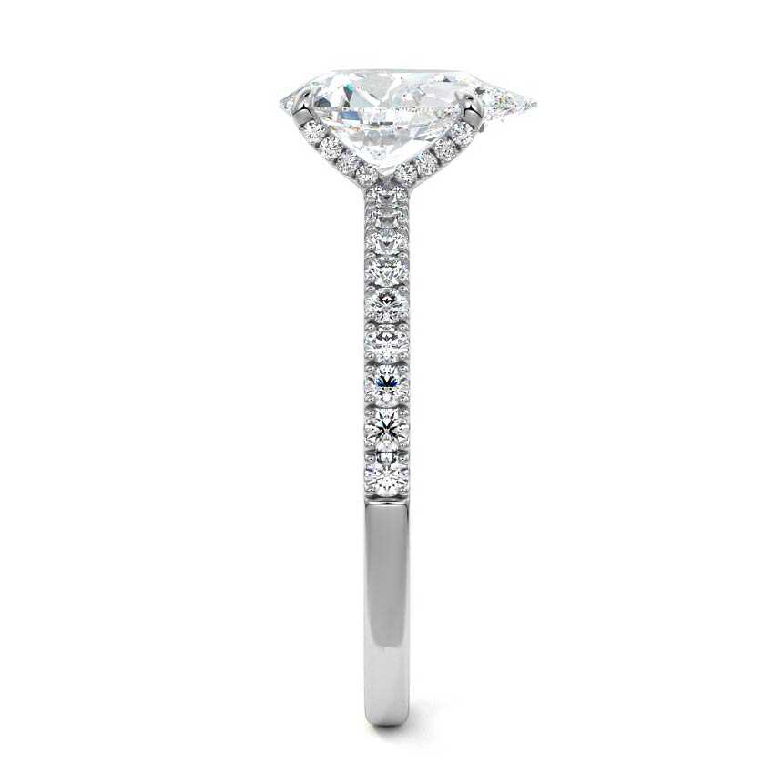 Silver Pear Diamond Hidden Halo Engagement Ring with Pavé Band