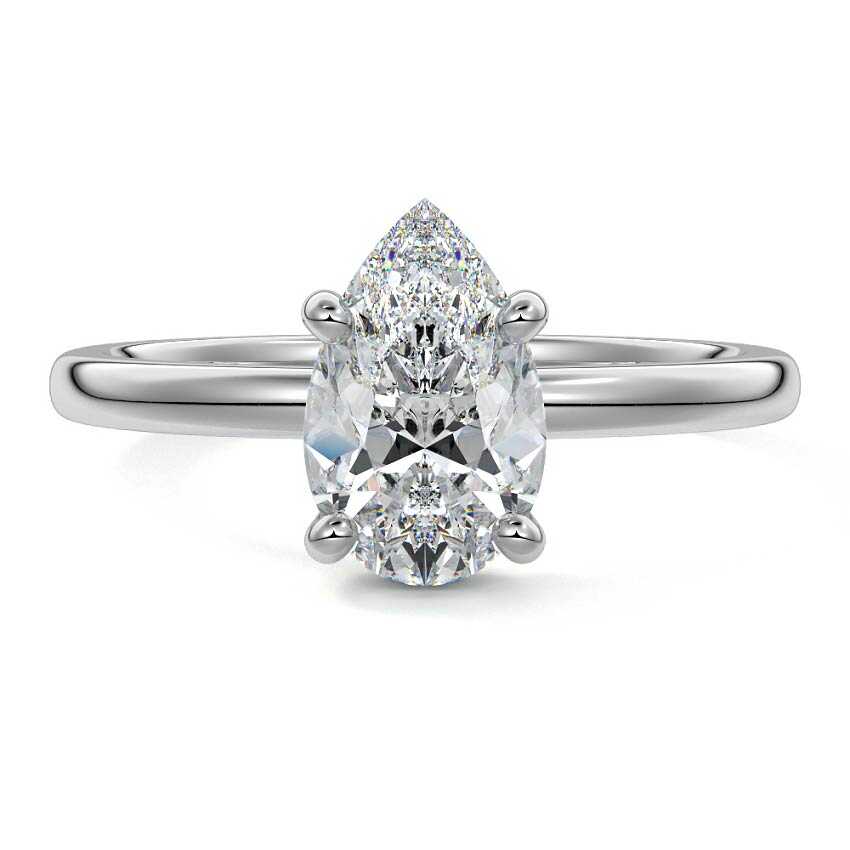 Silver Pear Diamond Solitaire Engagement Ring with Hidden Halo