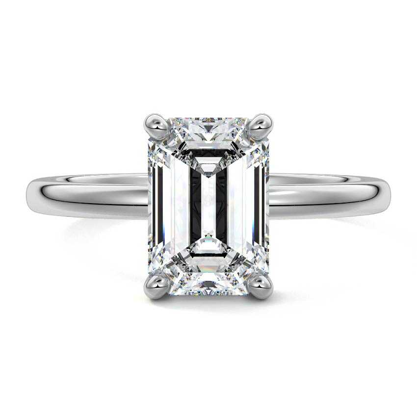 Silver Emerald Diamond Solitaire Engagement Ring with Hidden Halo