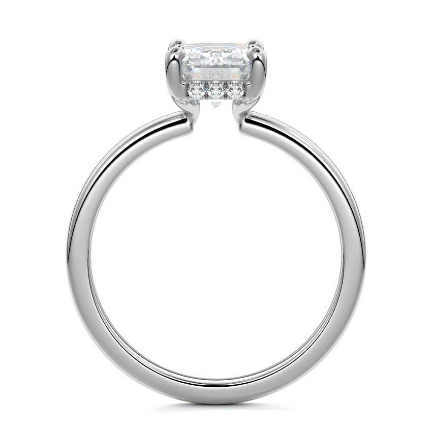 Silver Emerald Diamond Solitaire Engagement Ring with Hidden Halo