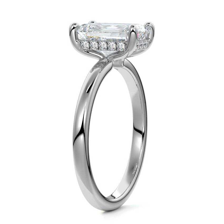 Silver Emerald Diamond Solitaire Engagement Ring with Hidden Halo