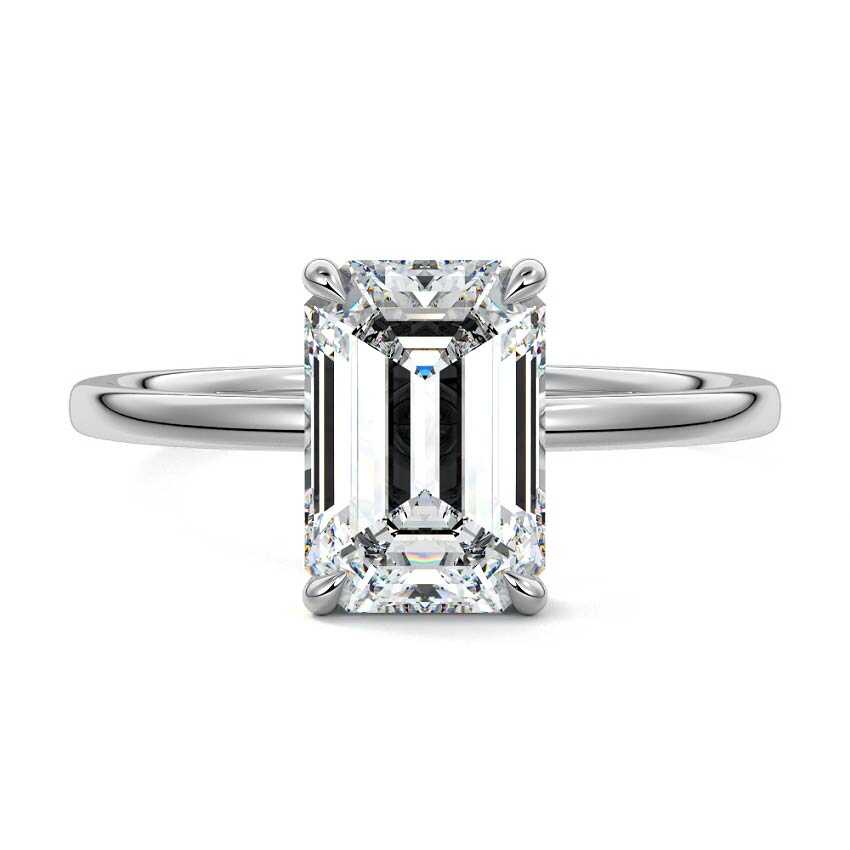 Platinum Emerald Diamond Solitaire Engagement Ring with Hidden Halo