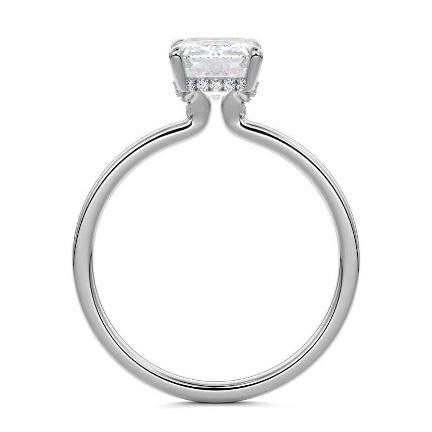 Platinum Emerald Diamond Solitaire Engagement Ring with Hidden Halo