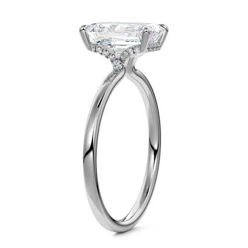 Platinum Emerald Diamond Solitaire Engagement Ring with Hidden Halo