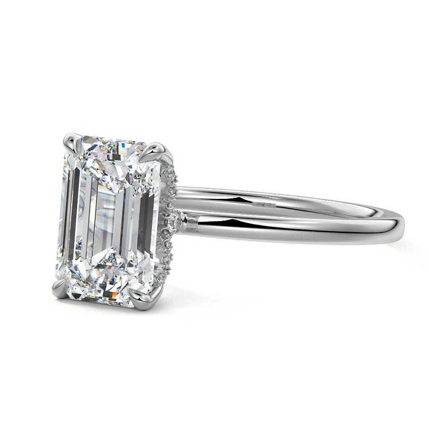 Platinum Emerald Diamond Solitaire Engagement Ring with Hidden Halo
