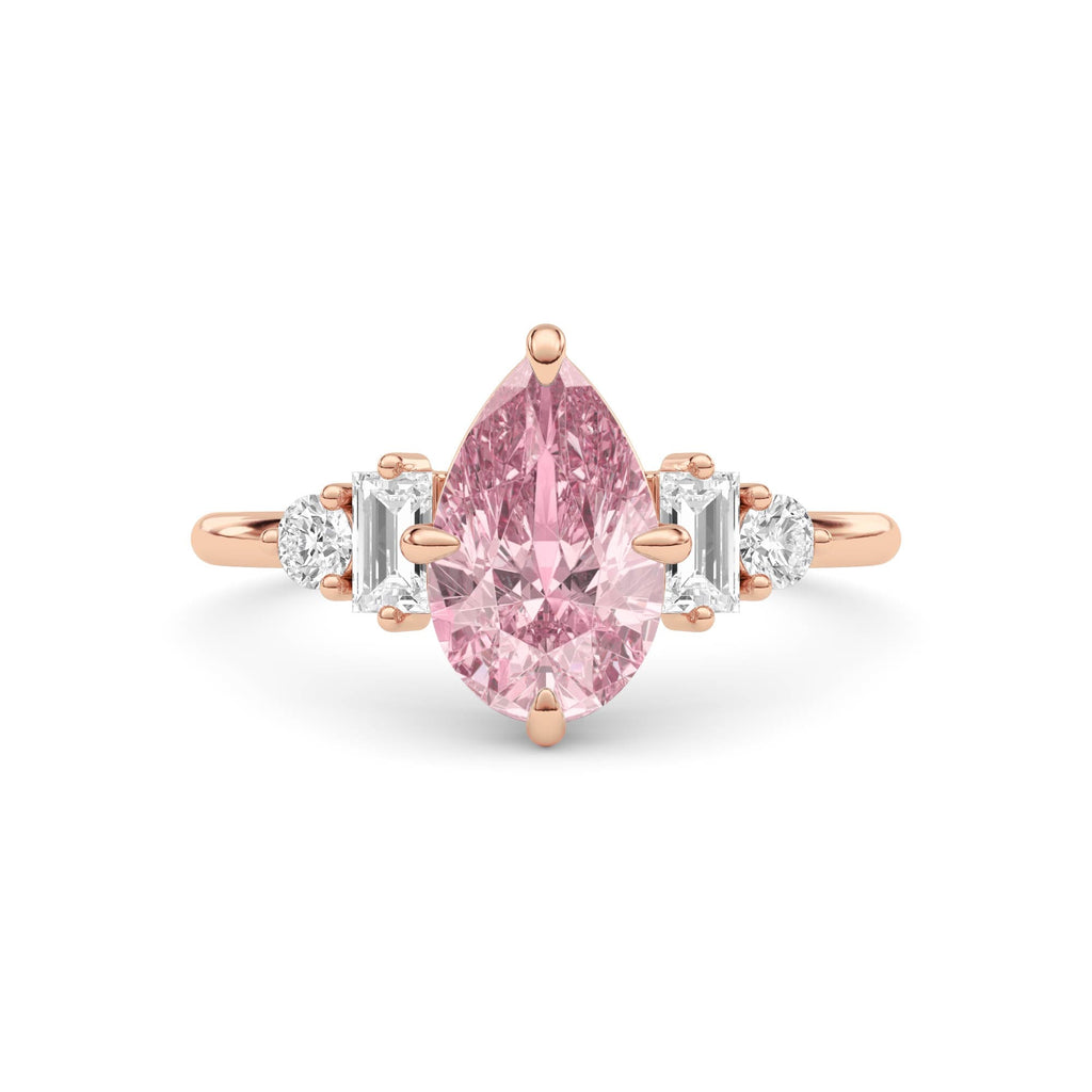Rose gold Fancy Pink Pear Cut Three Stone Diamond Engagement Ring with Tapered Baguette and Round Side Stones
